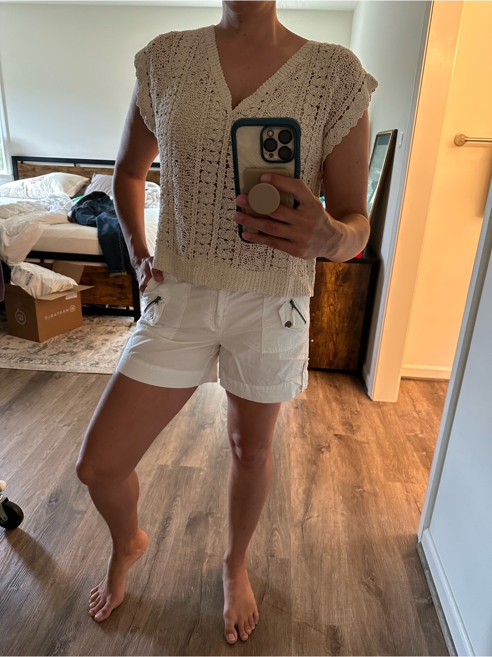 Natural Reflections White Cargo Shorts with Zip Pocket Accents